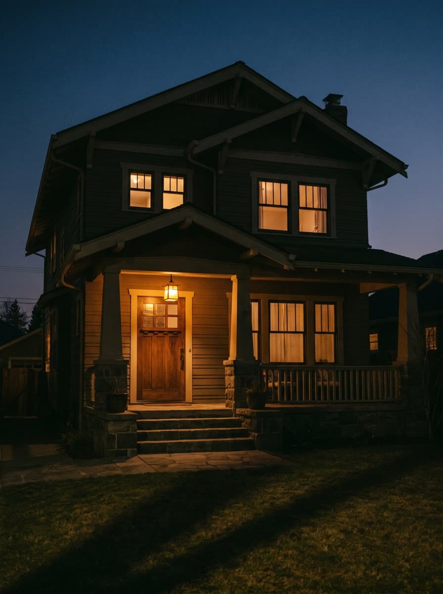 A warm lantern over a front door at night
