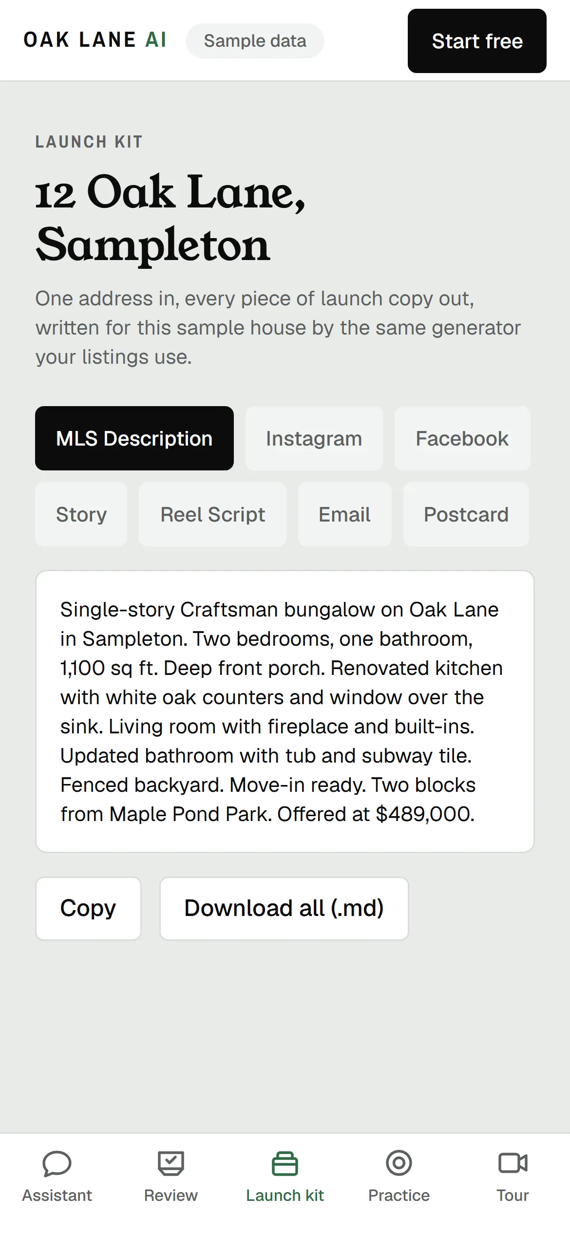 The launch kit for 12 Oak Lane, with MLS, Instagram, Facebook, story, reel script, email and postcard tabs