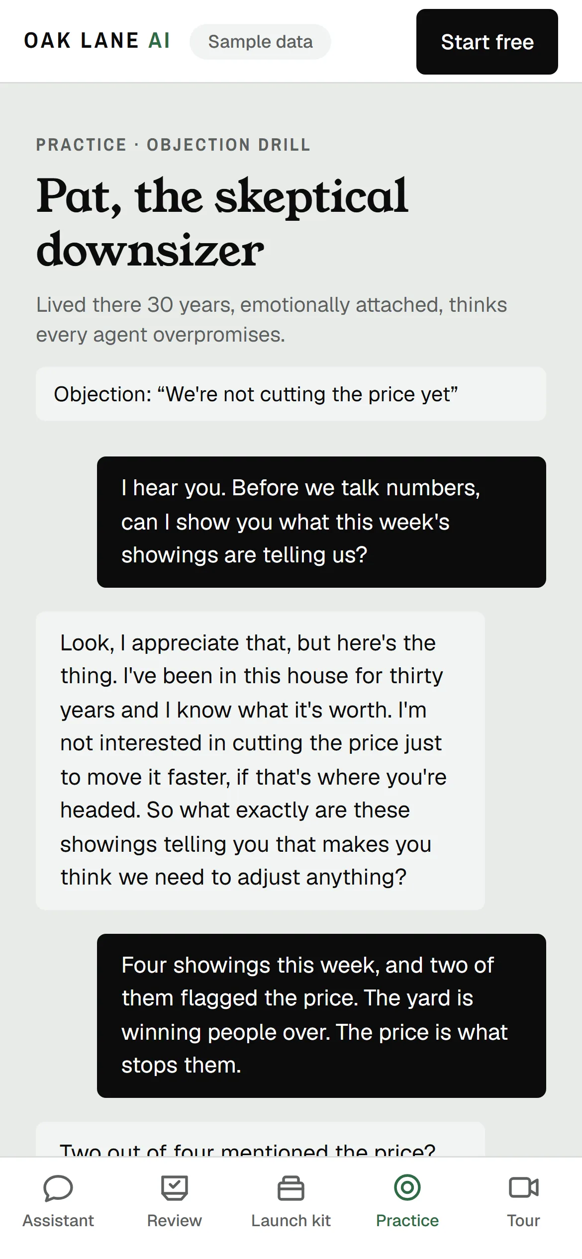 A practice drill where Pat, a skeptical seller, pushes back on a price cut