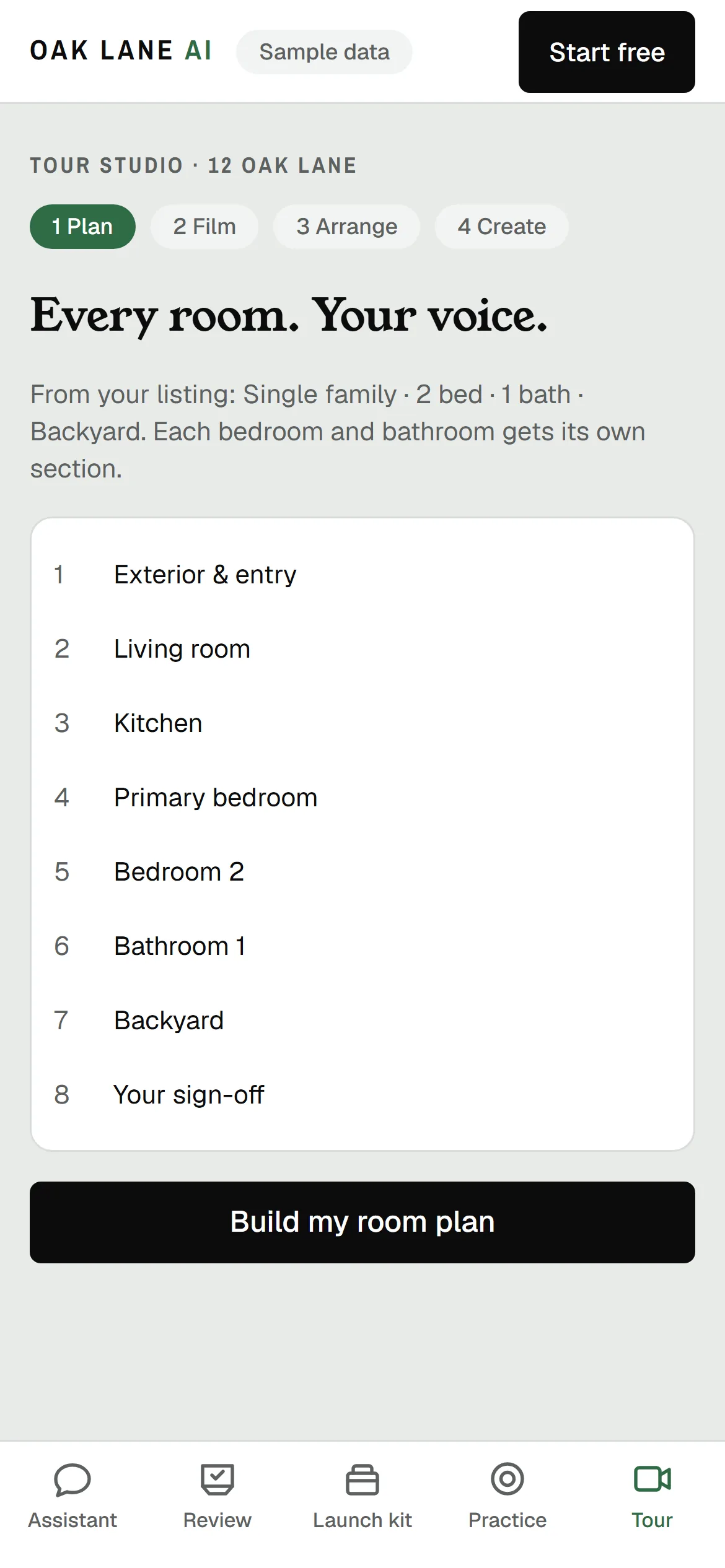 Tour Studio’s room plan for 12 Oak Lane, one section for each room