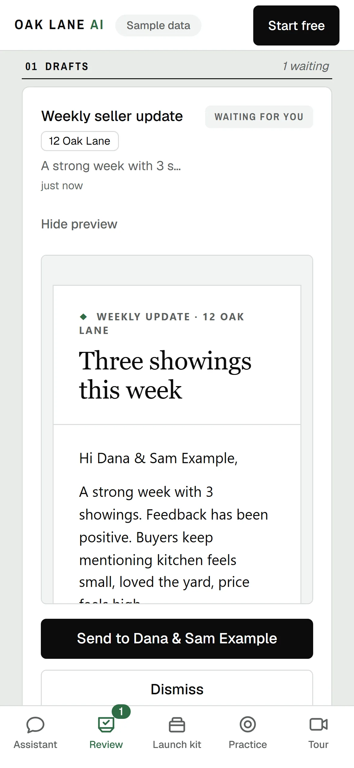 The Monday seller update for 12 Oak Lane waiting in Review, addressed to the sample sellers